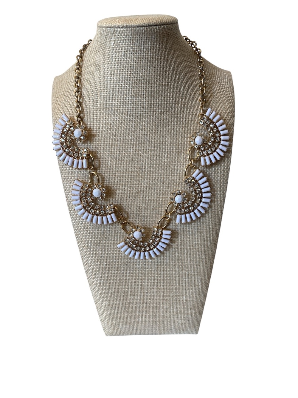 Gold Chain Statement Necklace with White Fan Accents and Crystal Bling